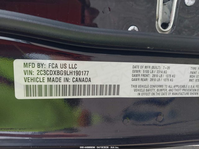 2020 Dodge Charger Sxt Rwd მანქანა იყიდება აუქციონზე, vin: 2C3CDXBG9LH190177, აუქციონის ნომერი: 44885334