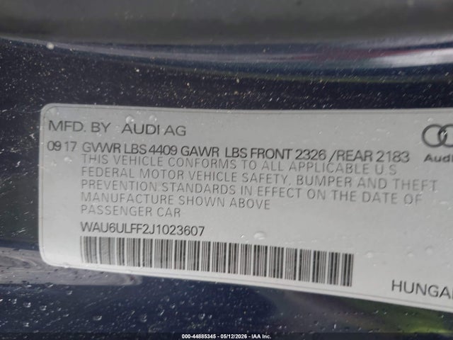 Aukcja sprzedaży 2018 Audi A3 2.0t Premium/2.0t Tech Premium, vin: WAU6ULFF2J1023607, numer aukcji: 44885345