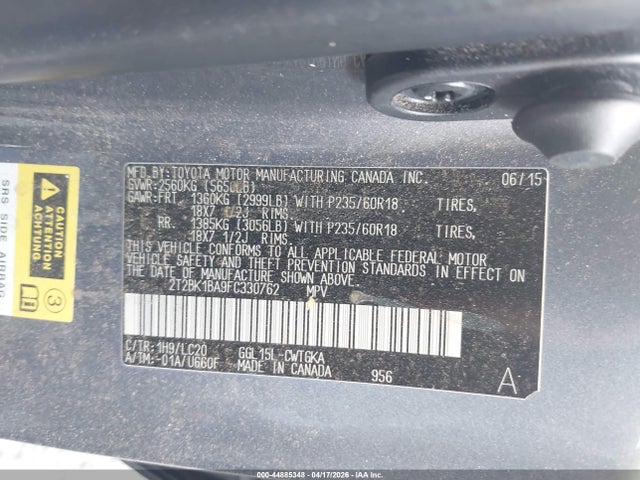 44885348 :رقم المزاد ، 2T2BK1BA9FC330762 vin ، 2015 Lexus Rx 350 مزاد بيع