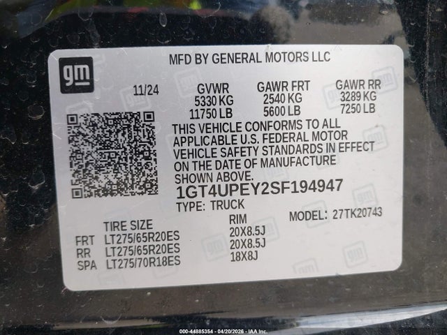 Продаж на аукціоні авто 2025 Gmc Sierra 2500hd 4wd  Standard Bed At4, vin: 1GT4UPEY2SF194947, номер лоту: 44885354