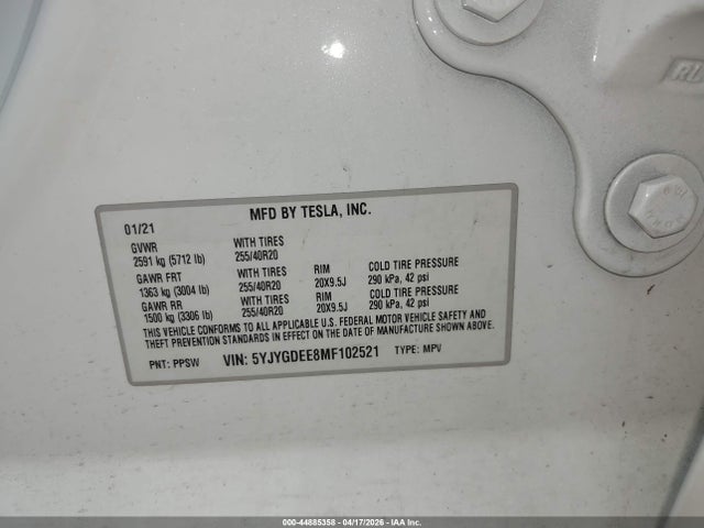 Aukcja sprzedaży 2021 Tesla Model Y Long Range Dual Motor All-wheel Drive, vin: 5YJYGDEE8MF102521, numer aukcji: 44885358