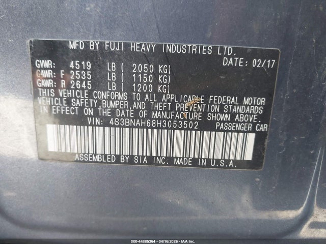 44885364 :رقم المزاد ، 4S3BNAH68H3053502 vin ، 2017 Subaru Legacy 2.5i Premium مزاد بيع