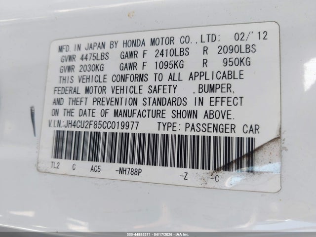44885371 :رقم المزاد ، JH4CU2F85CC019977 vin ، 2012 Acura Tsx 2.4 مزاد بيع