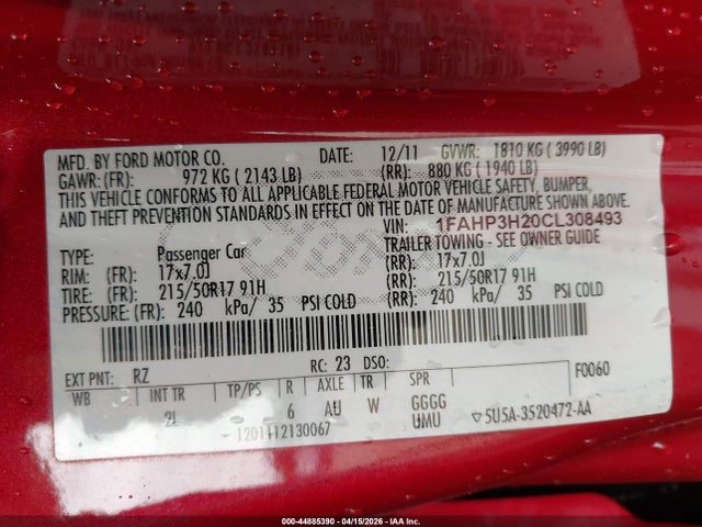 Продаж на аукціоні авто 2012 Ford Focus Sel, vin: 1FAHP3H20CL308493, номер лоту: 44885390