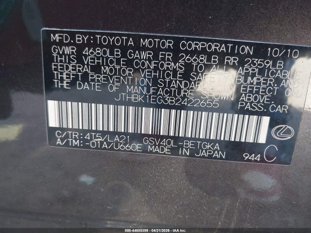 Продажа на аукционе авто 2011 Lexus Es 350, vin: JTHBK1EG3B2422655, номер лота: 44885399