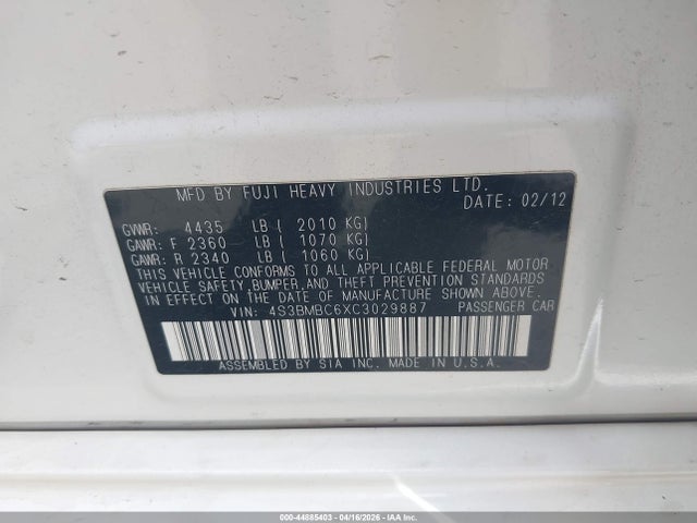 Aukcja sprzedaży 2012 Subaru Legacy 2.5i Premium, vin: 4S3BMBC6XC3029887, numer aukcji: 44885403