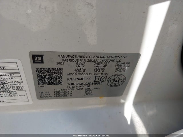 44885408 :رقم المزاد ، 1GKS2CKJ9JR145095 vin ، 2018 Gmc Yukon Denali مزاد بيع