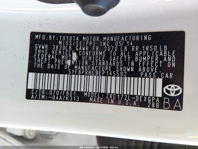 Aukcja sprzedaży 2014 Toyota Corolla Le Eco, vin: 5YFBPRHE9EP145592, numer aukcji: 44885417