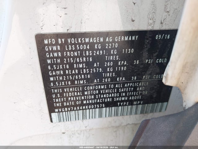 Продажа на аукционе авто 2017 Volkswagen Tiguan 2.0t/2.0t S, vin: WVGBV7AX4HK007575, номер лота: 44885447