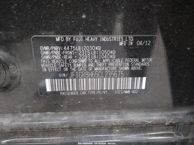 44885449 :رقم المزاد ، JF1GR8H65CL235675 vin ، 2012 Subaru Impreza Wrx Sti مزاد بيع