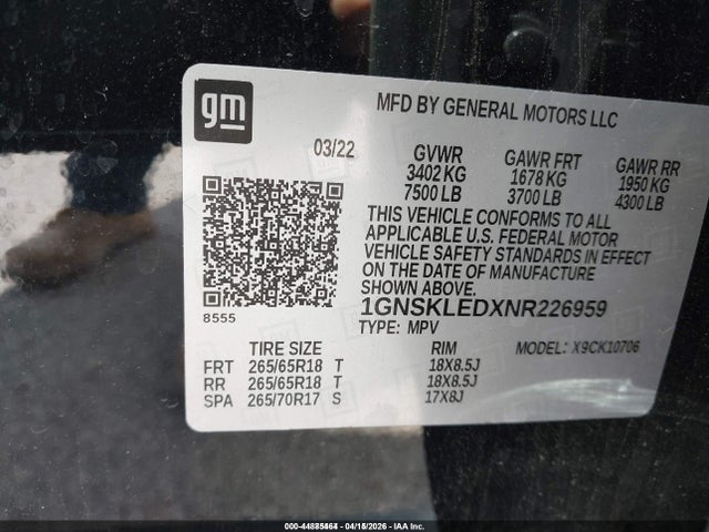 1GNSKLEDXNR226959 Chevrolet Tahoe 4wd Commercial Fleet