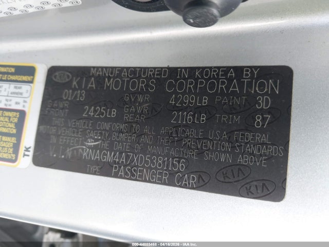 Продаж на аукціоні авто 2013 Kia Optima Lx, vin: KNAGM4A7XD5381156, номер лоту: 44885468