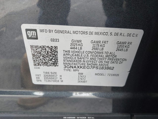 Продаж на аукціоні авто 2023 Chevrolet Equinox Fwd Lt, vin: 3GNAXKEG7PS183862, номер лоту: 44885469