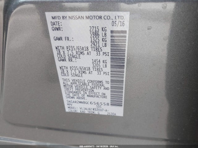 2016 Nissan Pathfinder S მანქანა იყიდება აუქციონზე, vin: 5N1AR2MN8GC656558, აუქციონის ნომერი: 44885473