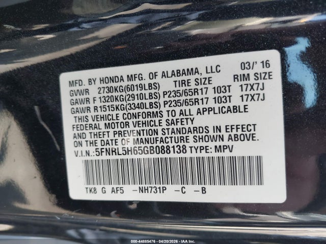 2016 Honda Odyssey Ex-l მანქანა იყიდება აუქციონზე, vin: 5FNRL5H65GB088138, აუქციონის ნომერი: 44885476