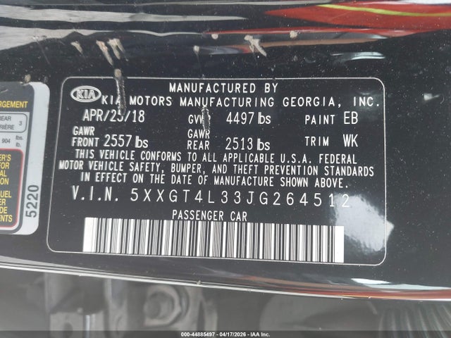 44885497 :رقم المزاد ، 5XXGT4L33JG264512 vin ، 2018 Kia Optima Lx مزاد بيع