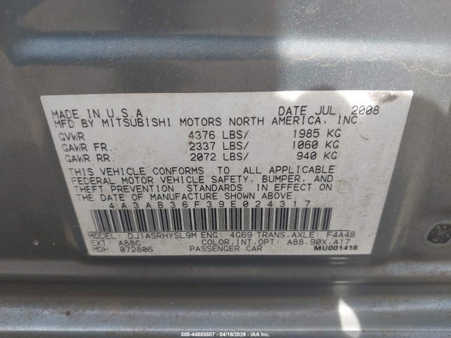 Продаж на аукціоні авто 2009 Mitsubishi Galant Es/sport Edition, vin: 4A3AB36F39E024317, номер лоту: 44885507