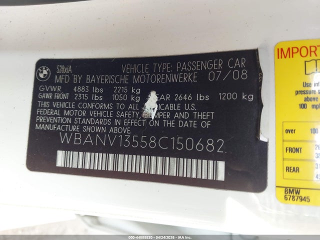 44885520 :رقم المزاد ، WBANV13558C150682 vin ، 2008 Bmw 528xi مزاد بيع