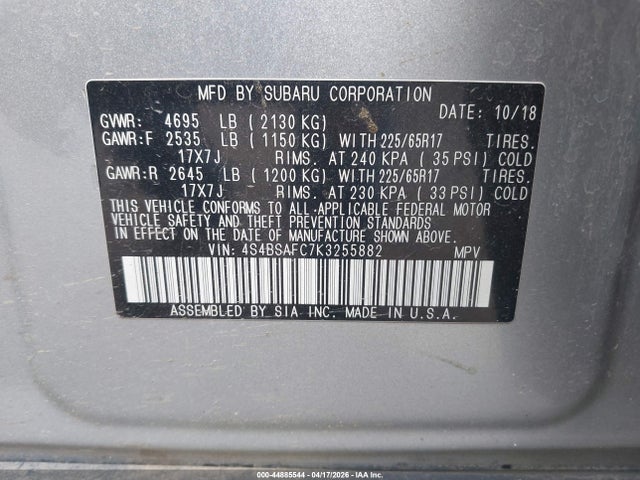 Продаж на аукціоні авто 2019 Subaru Outback 2.5i Premium, vin: 4S4BSAFC7K3255882, номер лоту: 44885544