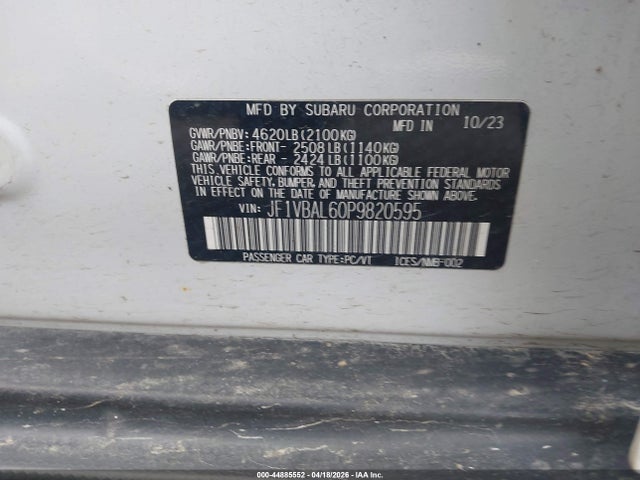 2023 Subaru Wrx Limited მანქანა იყიდება აუქციონზე, vin: JF1VBAL60P9820595, აუქციონის ნომერი: 44885552