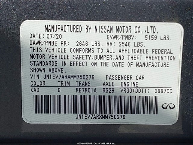 Продаж на аукціоні авто 2021 Infiniti Q50 Pure Awd, vin: JN1EV7ARXMM750276, номер лоту: 44885563