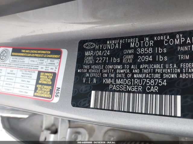 Продажа на аукционе авто 2024 Hyundai Elantra Sel, vin: KMHLM4DG1RU758754, номер лота: 44885568
