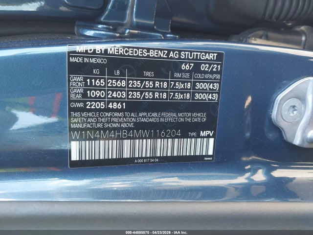 44885575 :رقم المزاد ، W1N4M4HB4MW116204 vin ، 2021 Mercedes-benz Glb 250 4matic مزاد بيع