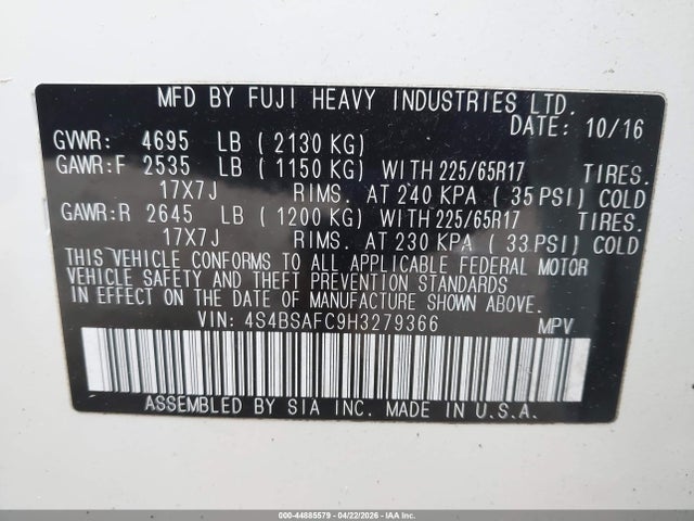 Продаж на аукціоні авто 2017 Subaru Outback 2.5i Premium, vin: 4S4BSAFC9H3279366, номер лоту: 44885579