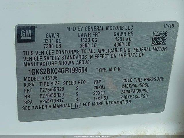 Продаж на аукціоні авто 2016 Gmc Yukon Slt, vin: 1GKS2BKC4GR199604, номер лоту: 44885586