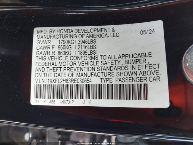 44885593 :رقم المزاد ، 19XFL2H83RE030654 vin ، 2024 Honda Civic Sport مزاد بيع