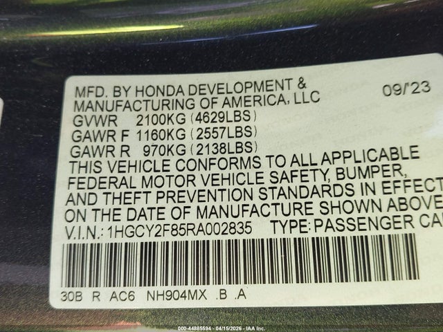 1HGCY2F85RA002835 Honda Accord Hybrid Touring