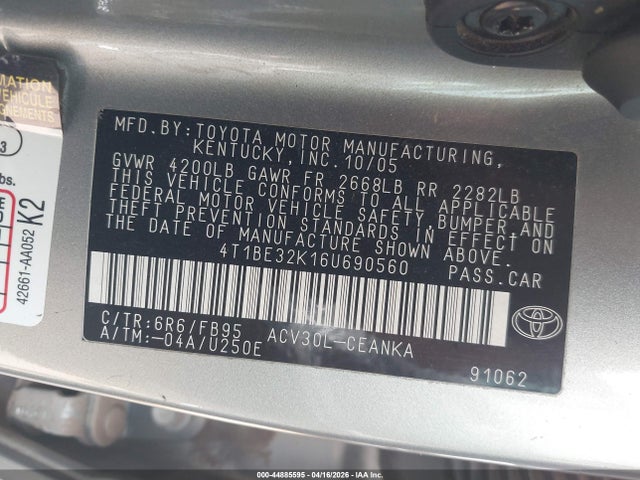 2006 Toyota Camry Le მანქანა იყიდება აუქციონზე, vin: 4T1BE32K16U690560, აუქციონის ნომერი: 44885595