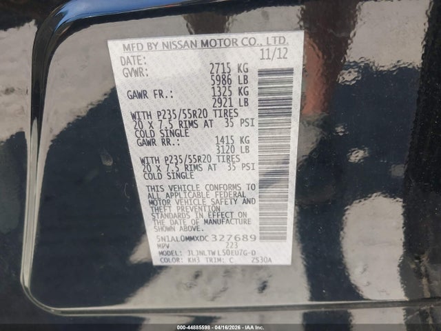 2013 Infiniti Jx35 მანქანა იყიდება აუქციონზე, vin: 5N1AL0MMXDC327689, აუქციონის ნომერი: 44885598