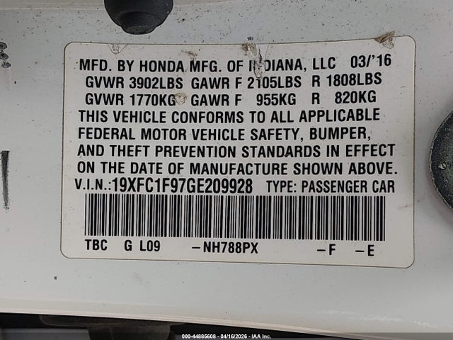 2016 Honda Civic Touring მანქანა იყიდება აუქციონზე, vin: 19XFC1F97GE209928, აუქციონის ნომერი: 44885608