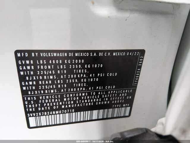 44885611 :رقم المزاد ، 3VV2X7B24NM070716 vin ، 2022 Volkswagen Taos 1.5t Sel مزاد بيع
