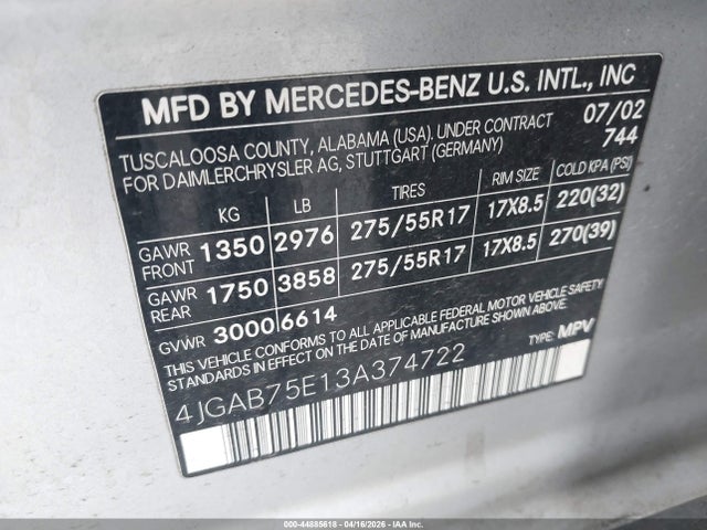 44885618 :رقم المزاد ، 4JGAB75E13A374722 vin ، 2003 Mercedes-benz Ml 500 مزاد بيع