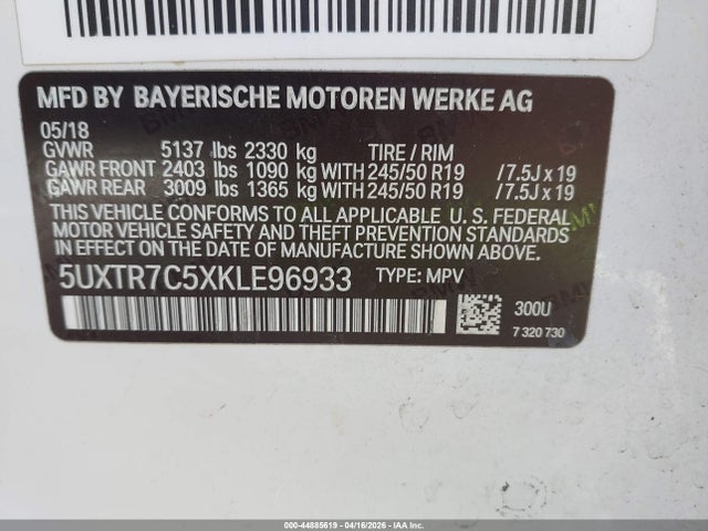 Продаж на аукціоні авто 2019 Bmw X3 Sdrive30i, vin: 5UXTR7C5XKLE96933, номер лоту: 44885619