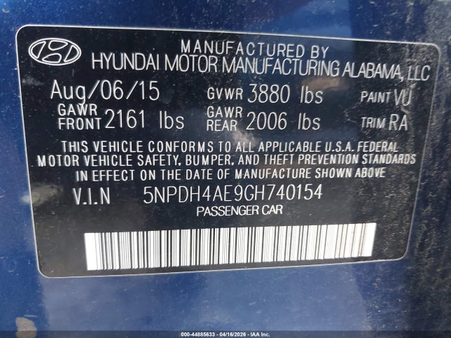 2016 Hyundai Elantra Se მანქანა იყიდება აუქციონზე, vin: 5NPDH4AE9GH740154, აუქციონის ნომერი: 44885633