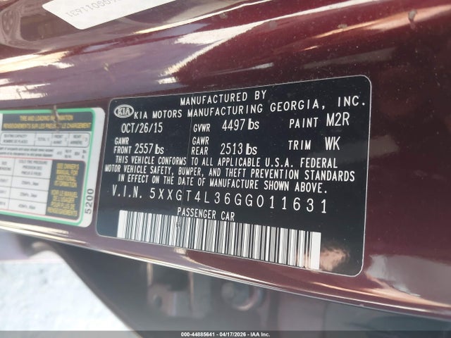 Auction sale of the 2016 Kia Optima Lx, vin: 5XXGT4L36GG011631, lot number: 44885641