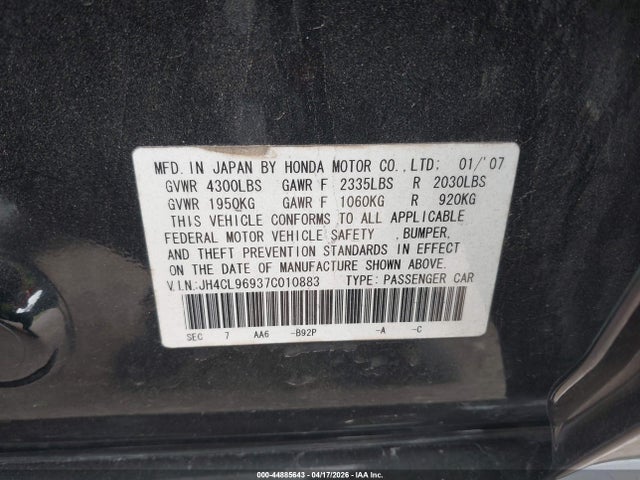 Продажа на аукционе авто 2007 Acura Tsx, vin: JH4CL96937C010883, номер лота: 44885643