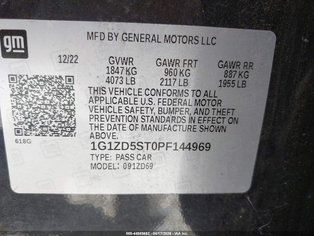 44885662 :رقم المزاد ، 1G1ZD5ST0PF144969 vin ، 2023 Chevrolet Malibu Fwd 1lt مزاد بيع