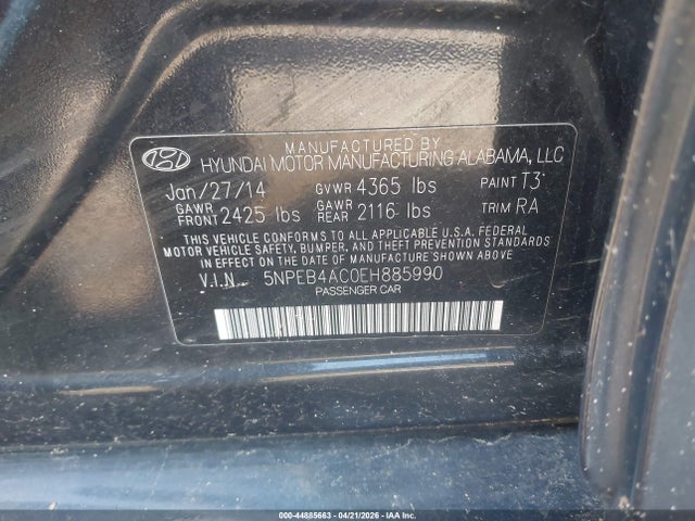 44885663 :رقم المزاد ، 5NPEB4AC0EH885990 vin ، 2014 Hyundai Sonata Gls مزاد بيع