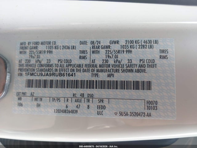Продажа на аукционе авто 2024 Ford Escape Platinum, vin: 1FMCU9JA9RUB61641, номер лота: 44885670