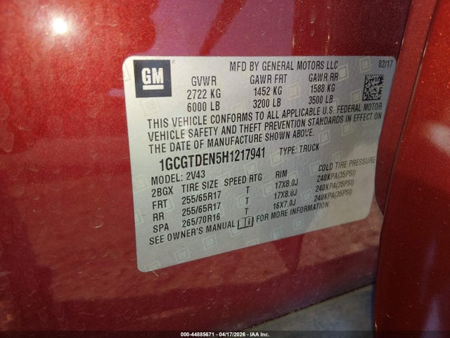 Aukcja sprzedaży 2017 Chevrolet Colorado Z71, vin: 1GCGTDEN5H1217941, numer aukcji: 44885671