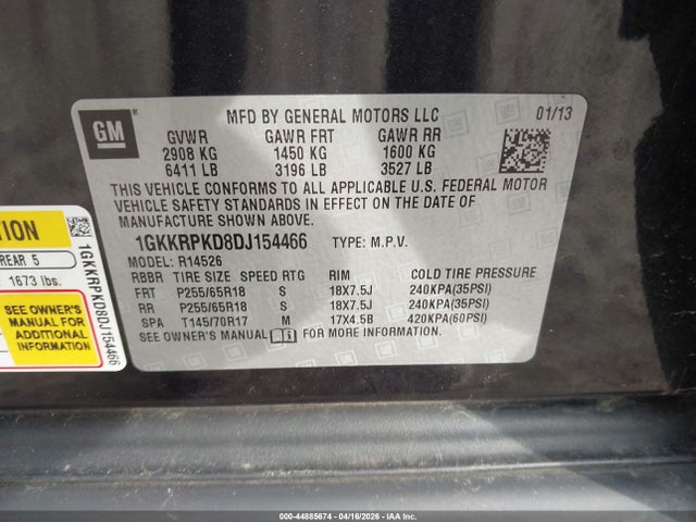 Aukcja sprzedaży 2013 Gmc Acadia Sle-2, vin: 1GKKRPKD8DJ154466, numer aukcji: 44885674
