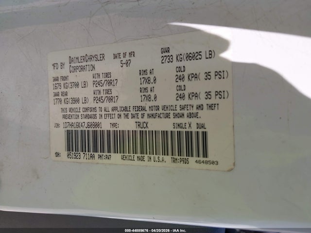 Aukcja sprzedaży 2007 Dodge Ram 1500 St, vin: 1D7HA16K47J608001, numer aukcji: 44885676