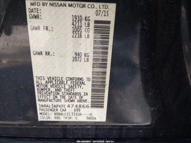 Продажа на аукционе авто 2015 Nissan Altima 2.5 S, vin: 1N4AL3APXFC474866, номер лота: 44885681