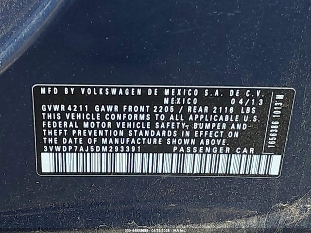 Продаж на аукціоні авто 2013 Volkswagen Jetta 2.5l Se, vin: 3VWDP7AJ5DM293391, номер лоту: 44885695