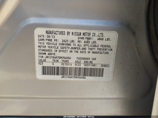 2013 Infiniti G37x მანქანა იყიდება აუქციონზე, vin: JN1CV6AR7DM764654, აუქციონის ნომერი: 44885698