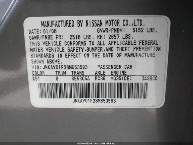 44885701 :رقم المزاد ، JNKAY01F28M653593 vin ، 2008 Infiniti M35x مزاد بيع